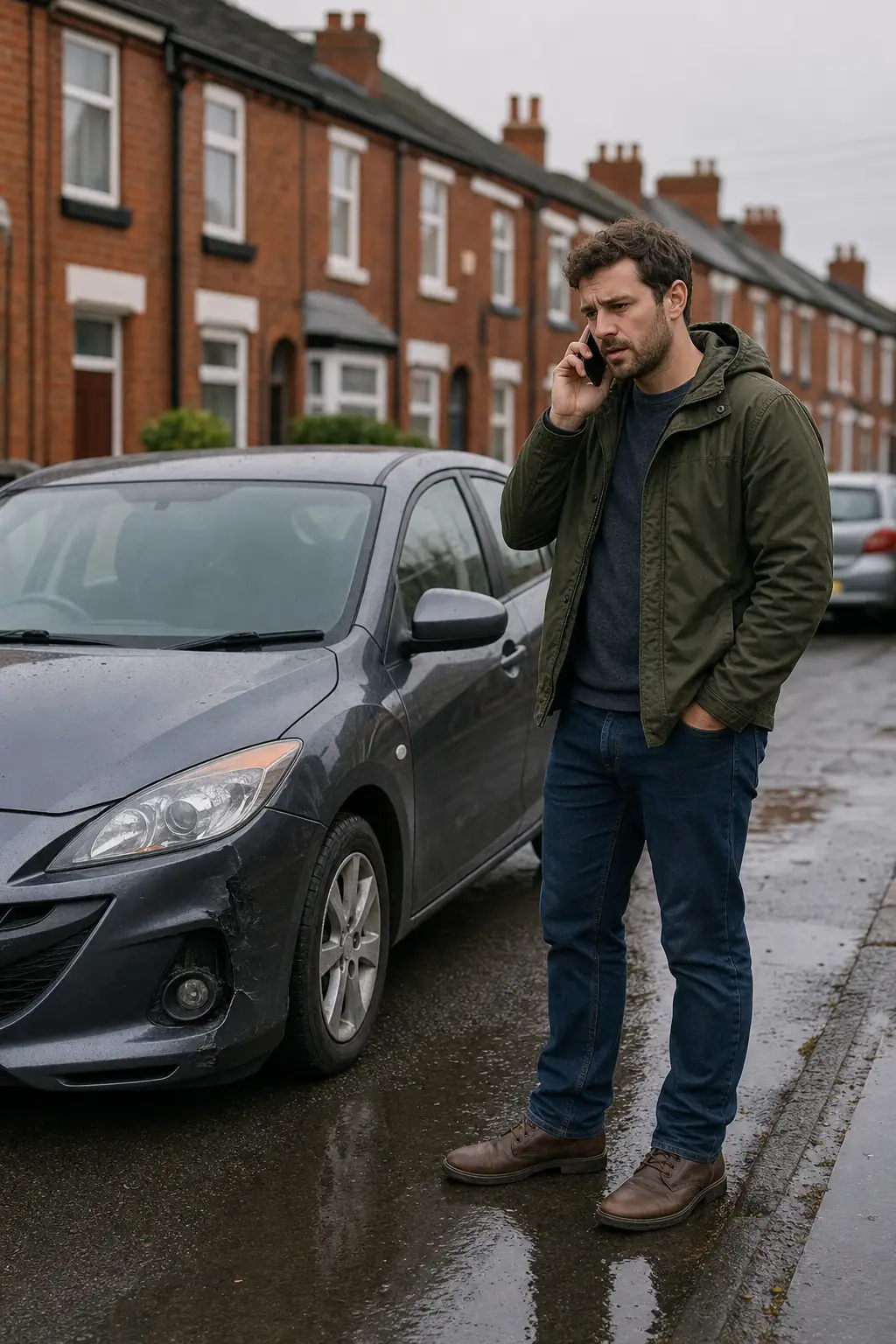 A driver on the phone beside his car after a non-fault accident on a UK residential street