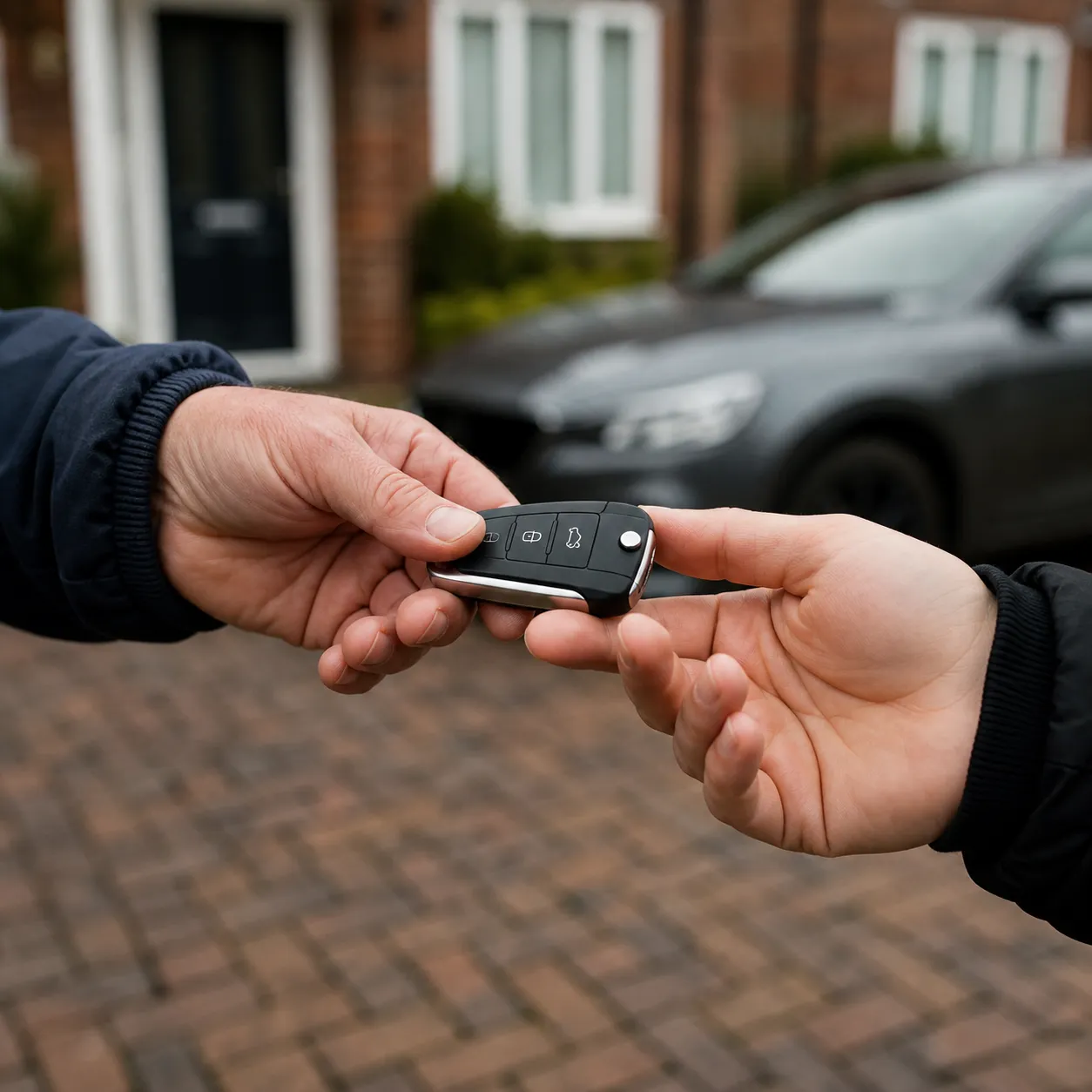 Car keys being handed over on a driveway